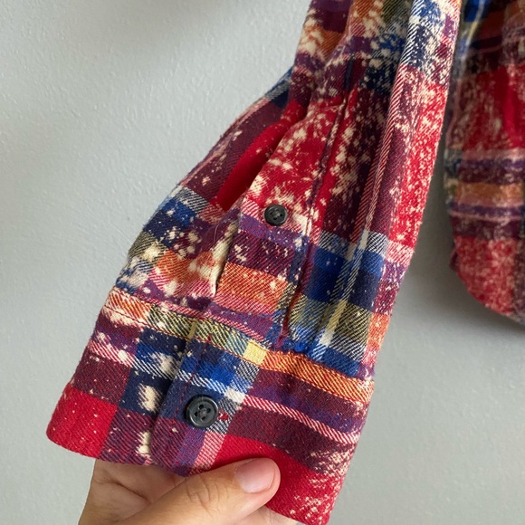 Old Navy Button Down Mens Size XL Plaid Red Bleached Long Sleeve Custom Unique - Picture 7 of 8